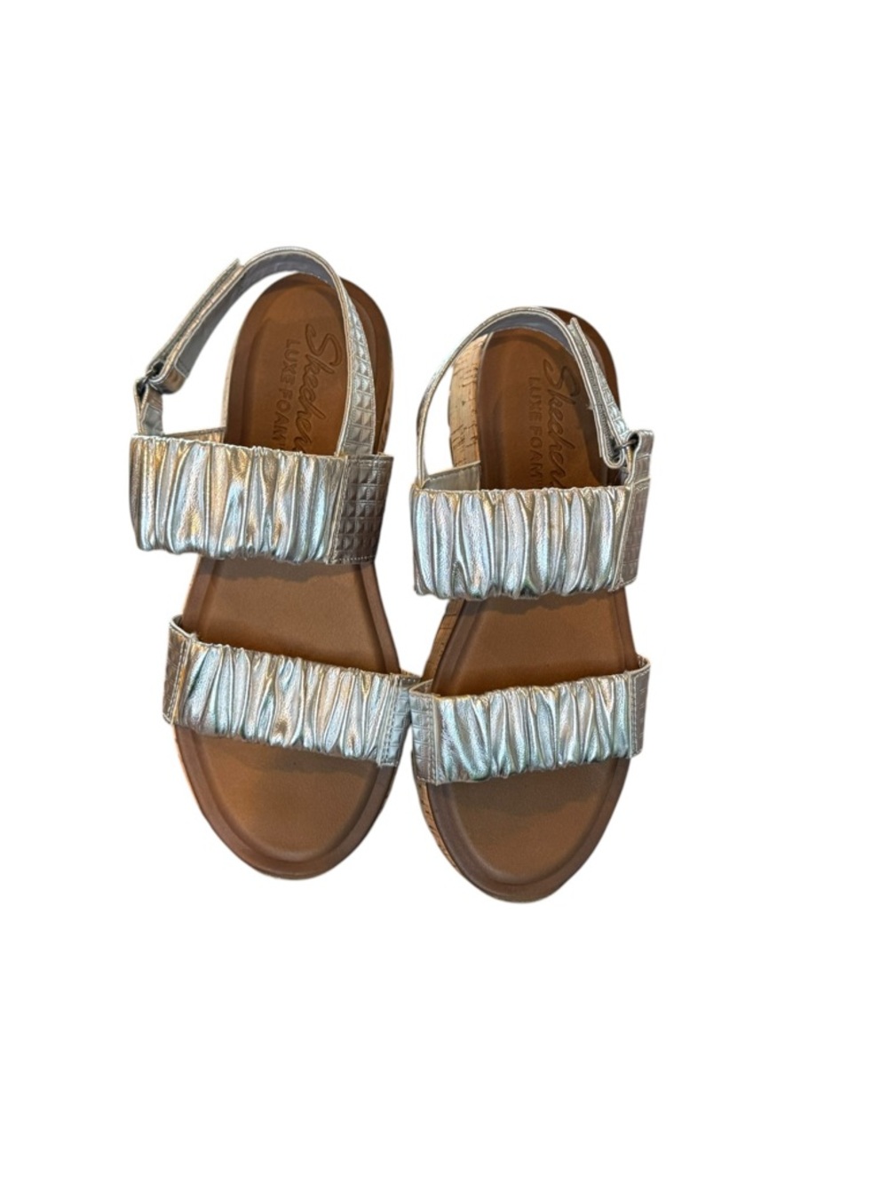 Skechers Luxe Foam Metallic Silver Ruched Woman's Cork Wedge Sandals Size 7 - Picture 7 of 9